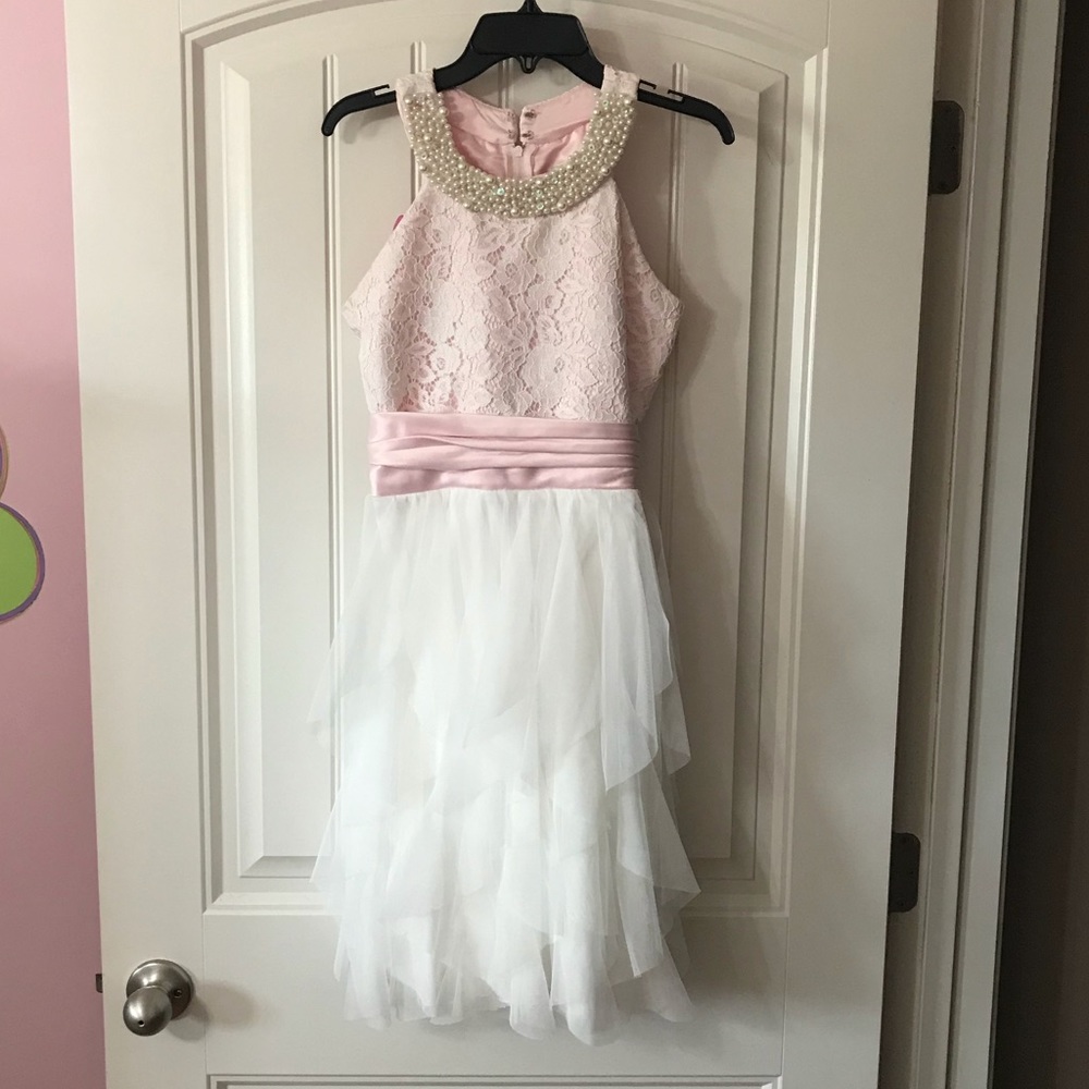 Rare Editions Pink and White Lace & Tulle Formal Dress with Pearl Collar